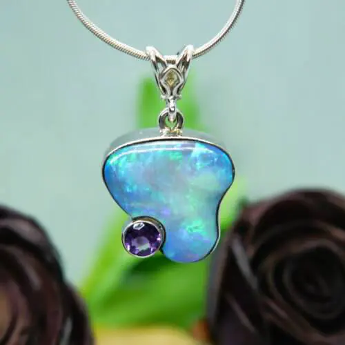 Custom Boulder Opal and Arizona Amethyst Pendant in 14k White Gold