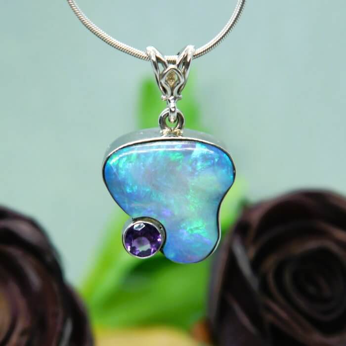 Custom Boulder Opal and Arizona Amethyst Pendant in 14k White Gold