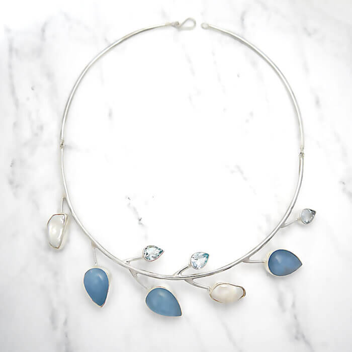 Pearl, Aquamarine & Blue Topaz Wire Necklace in Sterling Silver