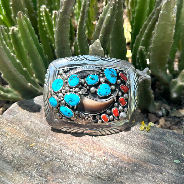 Navajo Native American, Signed by Jackie Signer Bear Claw, Turquoise and Coral Large Belt Buckle in Sterling Silver