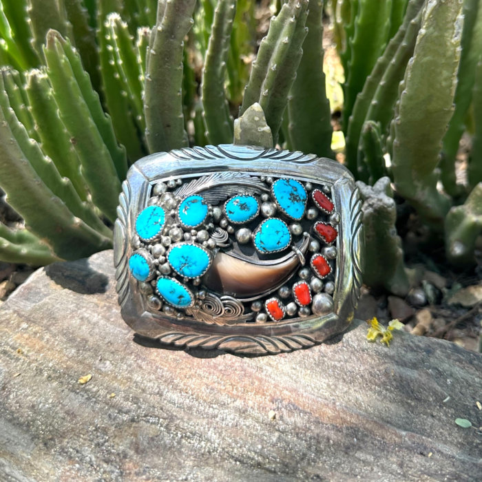 Navajo Native American, Signed by Jackie Signer Bear Claw, Turquoise and Coral Large Belt Buckle in Sterling Silver