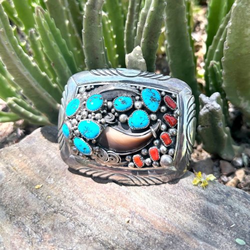 Navajo Native American, Signed by Jackie Signer Bear Claw, Turquoise and Coral Large Belt Buckle in Sterling Silver