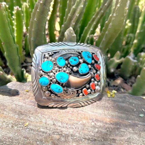 Navajo Native American, Signed by Jackie Signer Bear Claw, Turquoise and Coral Large Belt Buckle in Sterling Silver