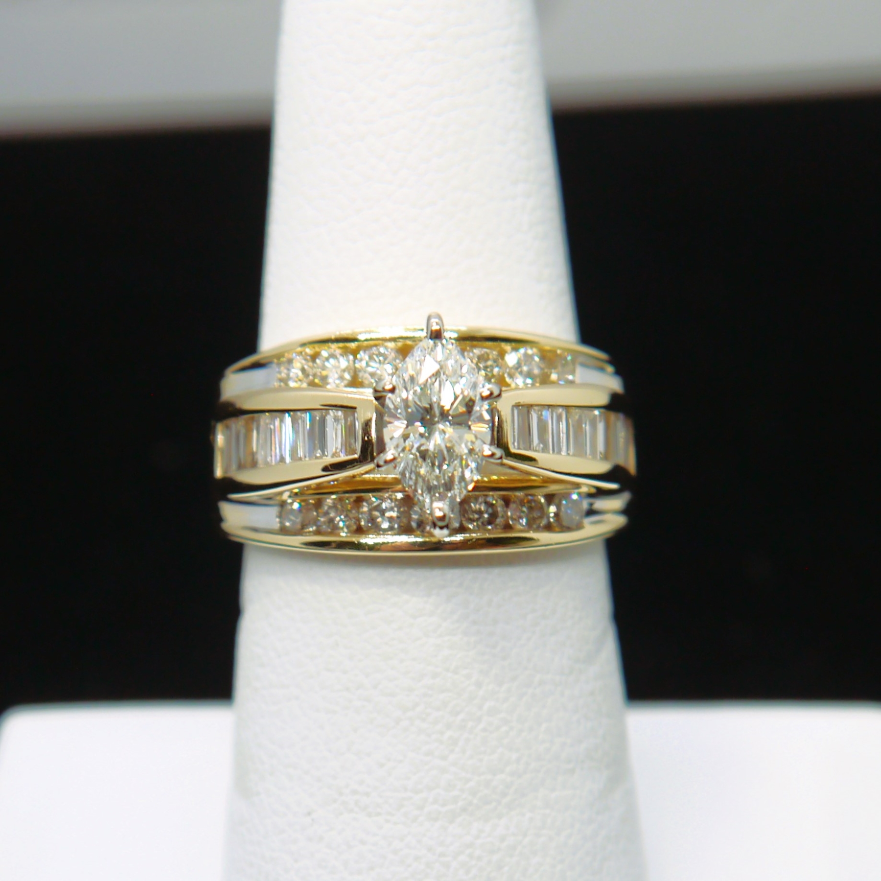 Three Row Style Marquise Center Engagement Ring in 14k Yellow Gold