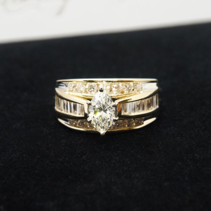 Three Row Style Marquise Center Engagement Ring in Yellow Gold