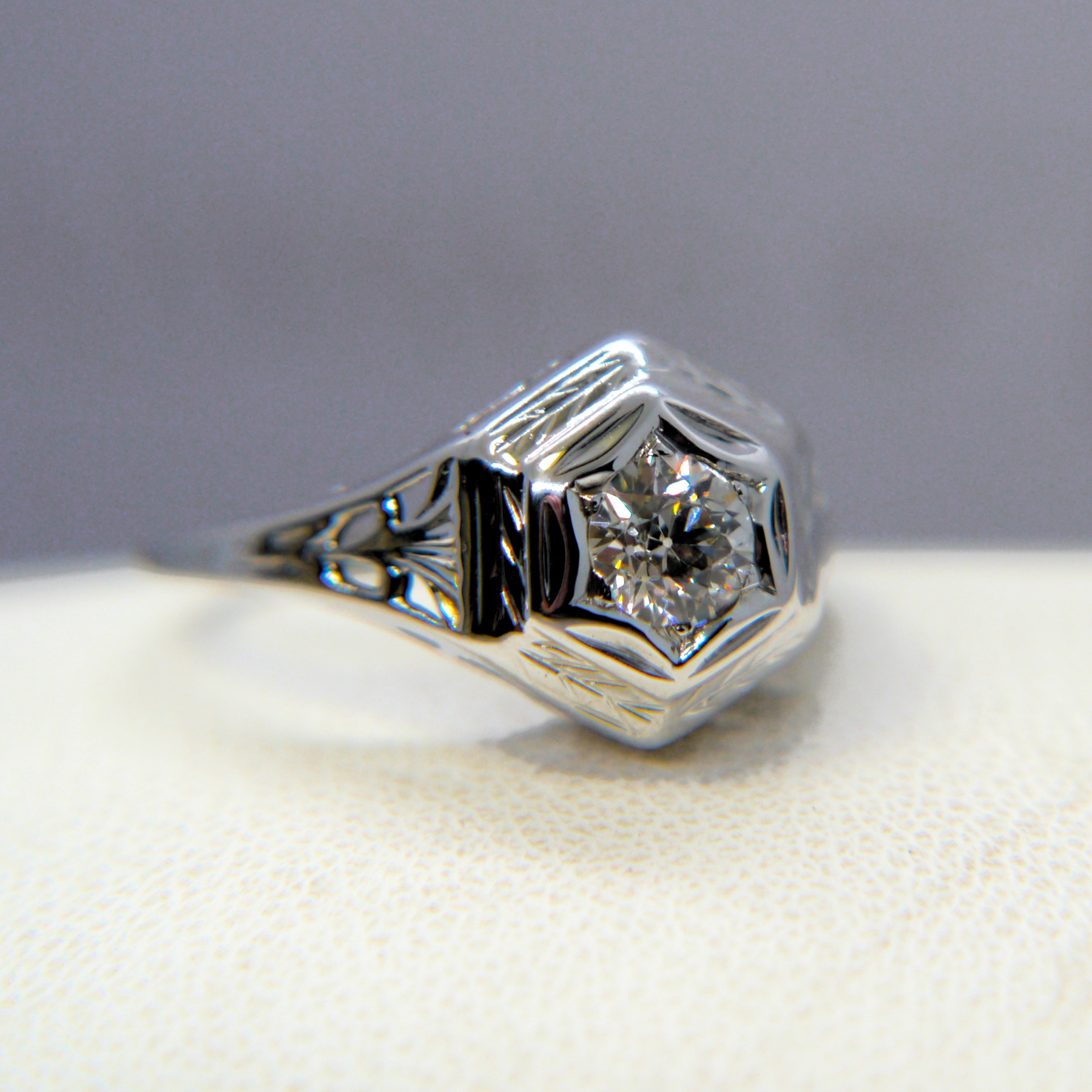 Kenzi: Vintage-Style Diamond Ring on Intricate Band | Ken & Dana Design