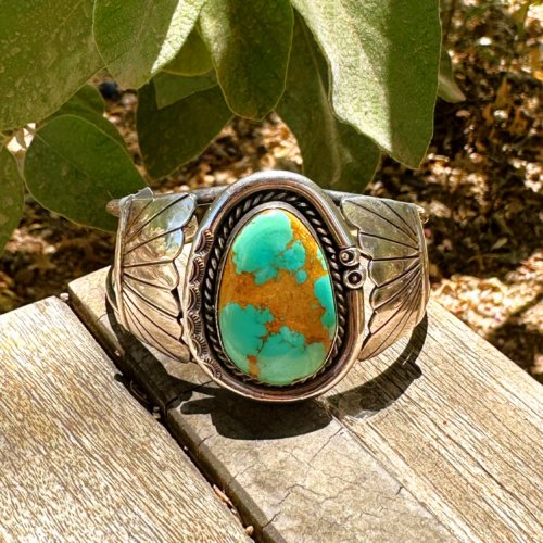 Native Green Oval Turquoise Cuff Bracelet in Sterling Silver
