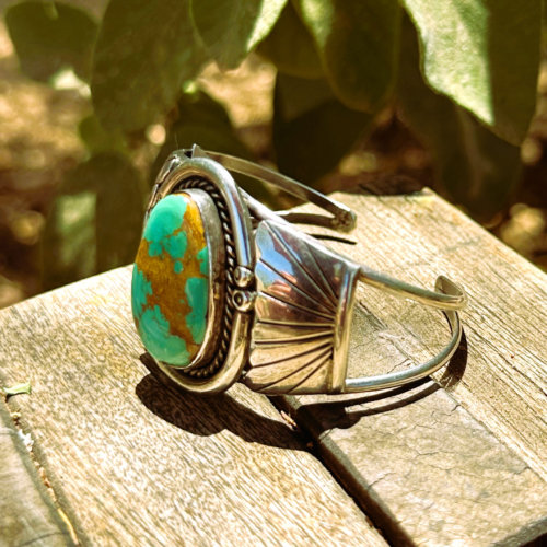 Native Green Oval Turquoise Cuff Bracelet in Sterling Silver