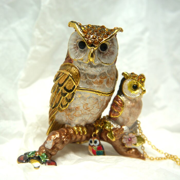 Ms. Owl and Owlet Trinket Box with Matching Mini Necklace