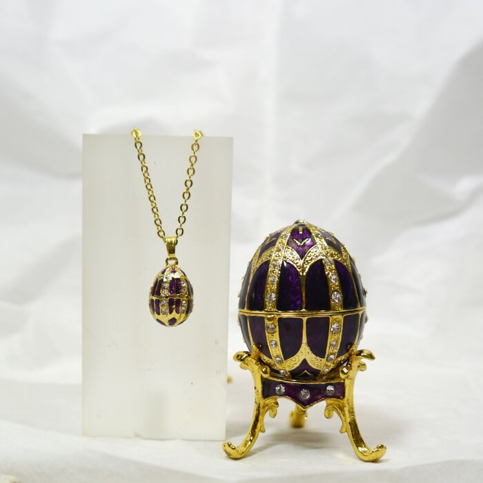 Purple Egg Enameled Trinket Box with Matching Mini Necklace