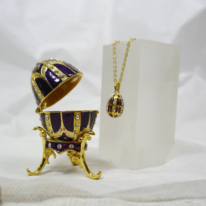 Purple Egg Enameled Trinket Box with Matching Mini Necklace - Image 2