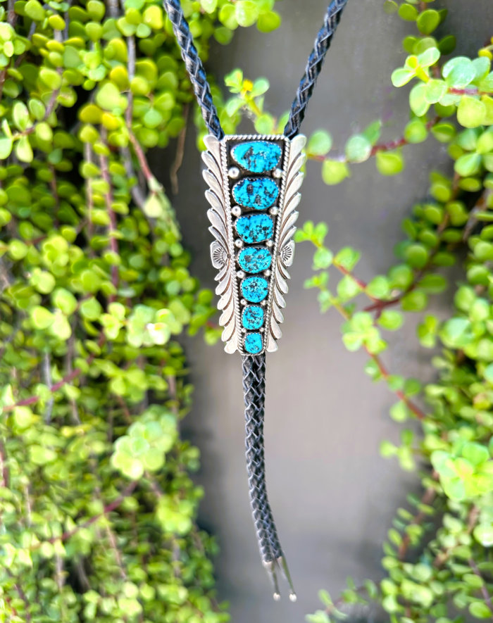 Native American 7 Stone Nugget Turquoise Bolo Tie in Sterling Silver