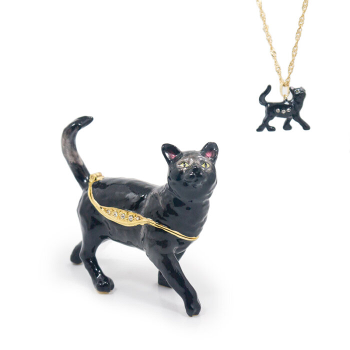 Bombay Black Cat Trinket Box with Matching Mini Necklace