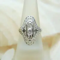 Vintage Filigree Three Center Stone Diamond Ring w/ Platinum Top & 14k White Gold Shank - Image 2
