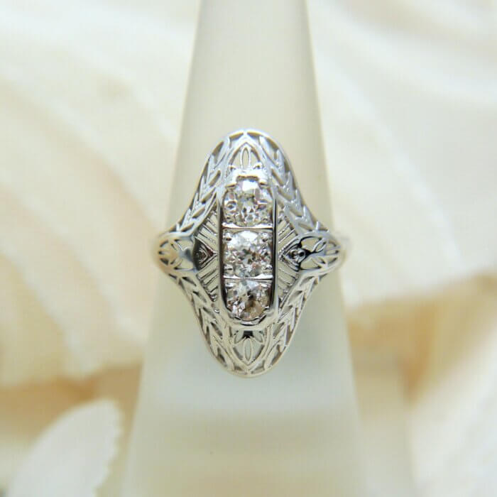 Vintage Filigree Three Center Stone Diamond Ring w/ Platinum Top & 14k White Gold Shank - Image 2