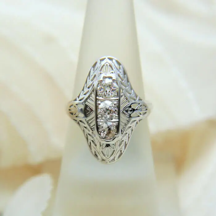 Vintage Filigree Three Center Stone Diamond Ring w/ Platinum Top & 14k White Gold Shank - Image 2