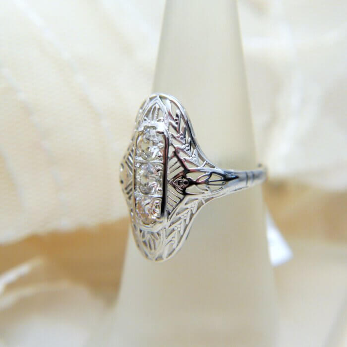 Vintage Filigree Three Center Stone Diamond Ring w/ Platinum Top & 14k White Gold Shank - Image 3