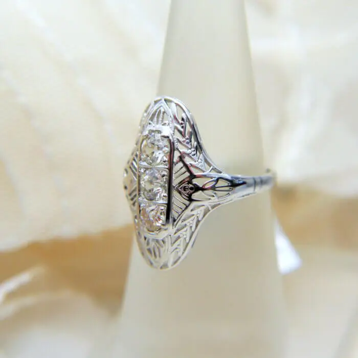 Vintage Filigree Three Center Stone Diamond Ring w/ Platinum Top & 14k White Gold Shank - Image 3