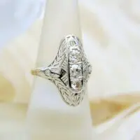Vintage Filigree Three Center Stone Diamond Ring w/ Platinum Top & 14k White Gold Shank