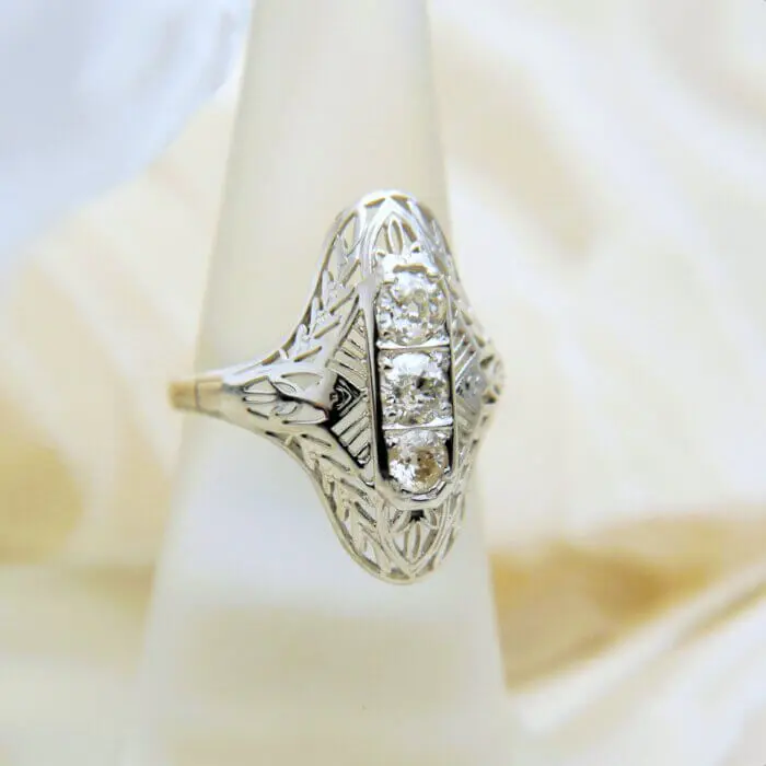 Vintage Filigree Three Center Stone Diamond Ring w/ Platinum Top & 14k White Gold Shank