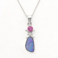 Australian Boulder Opal & Pink Tourmaline Pendant, Handmade in 14k White Gold - Image 3