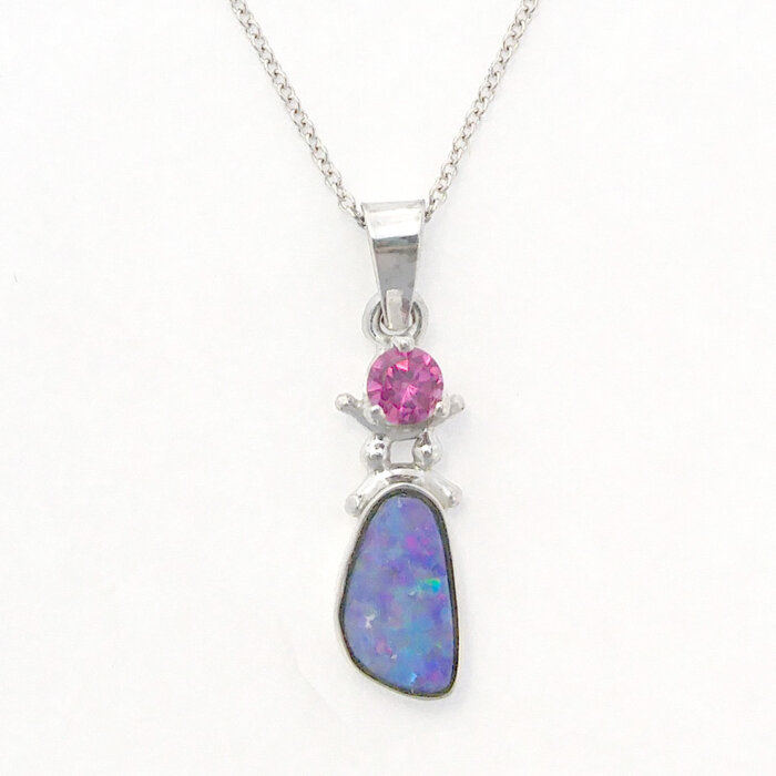 Australian Boulder Opal & Pink Tourmaline Pendant, Handmade in 14k White Gold - Image 3