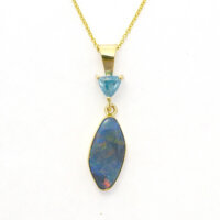 Australian Boulder Opal & Blue Topaz Pendant, Handmade in 14k Yellow Gold - Image 3
