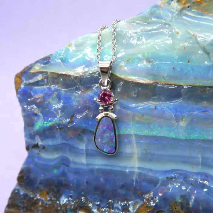 Australian Boulder Opal & Pink Tourmaline Pendant, Handmade in 14k White Gold