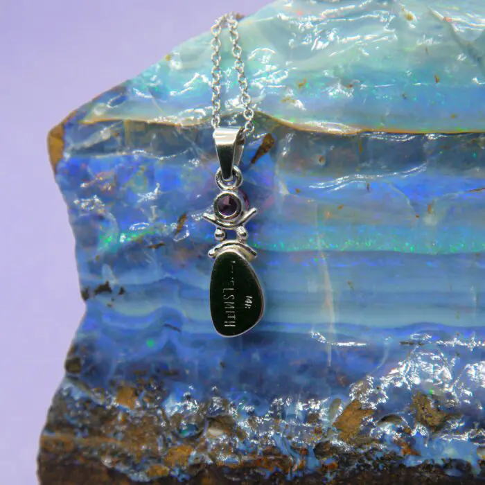 Australian Boulder Opal & Pink Tourmaline Pendant, Handmade in 14k White Gold - Image 2