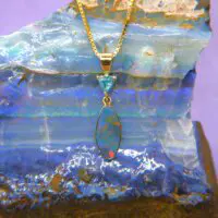 Australian Boulder Opal & Blue Topaz Pendant, Handmade in 14k Yellow Gold