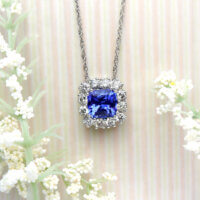 Square Cut Tanzanite with Diamond Halo Pendant in 14k White Gold
