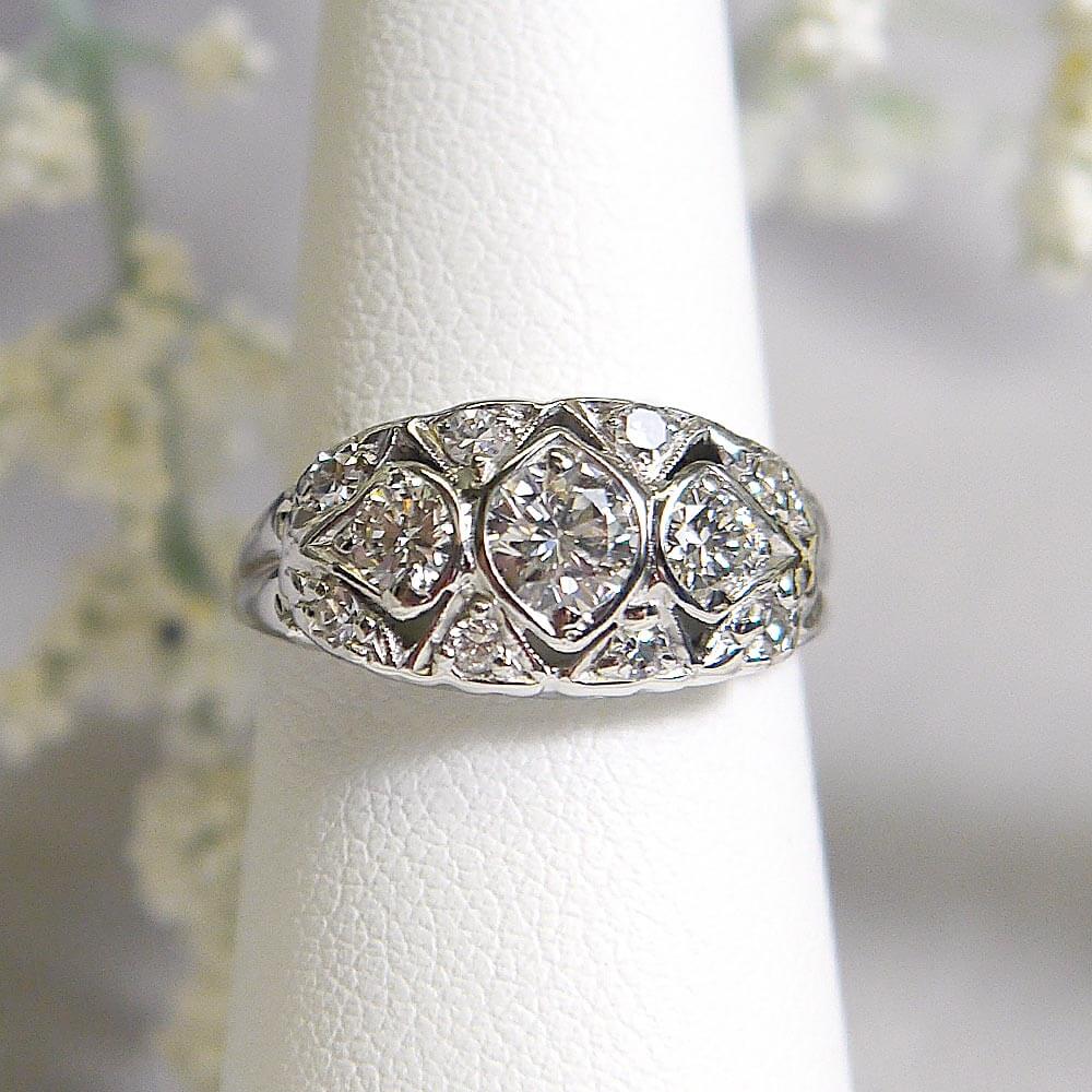 14k White Gold .75ctw Art Deco Engagement 3 Center Stone Diamond Ring Jewelsmith