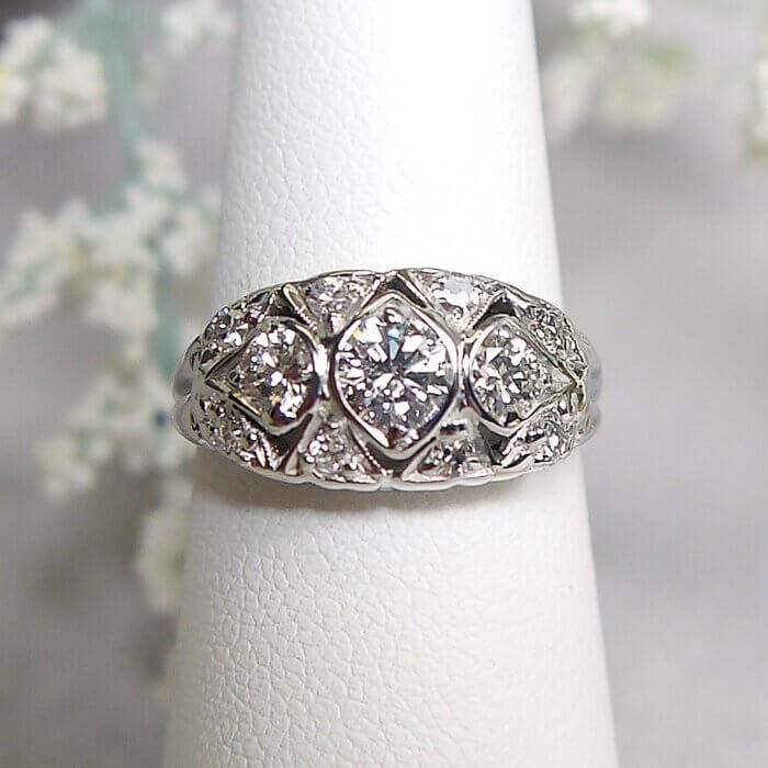 14k White Gold .75ctw Art Deco Engagement 3 Center Stone Diamond Ring