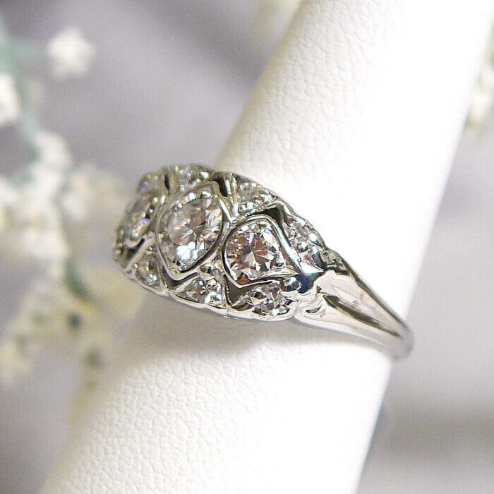 14k White Gold .75ctw Art Deco Engagement 3 Center Stone Diamond Ring - Image 2