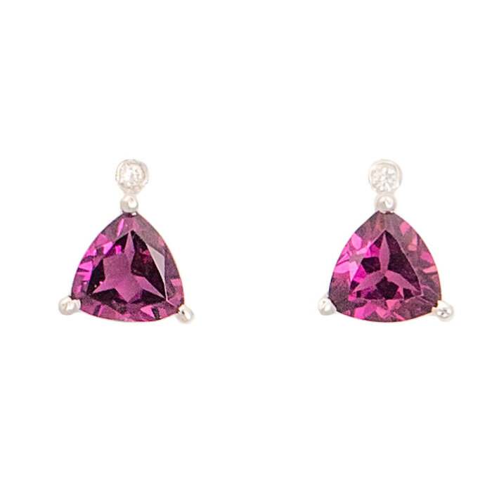 Trillion Cut Rhodolite Garnet w/ Diamond Earrings in 14k White Gold
