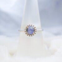 Natural Oval Star Sapphire & Diamond Halo Ring in 14k White Gold