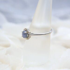Natural Oval Star Sapphire & Diamond Halo Ring in 14k White Gold - Image 2
