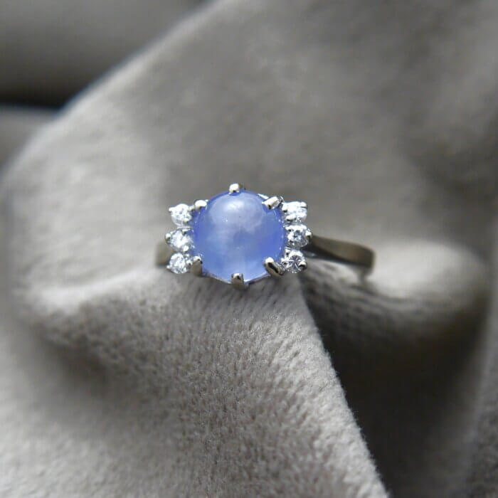 Natural Star Sapphire & Diamond Ring in 14k White Gold