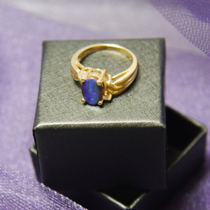 Black Oval Opal & Diamond Ring in 14k Yellow Gold - Image 2
