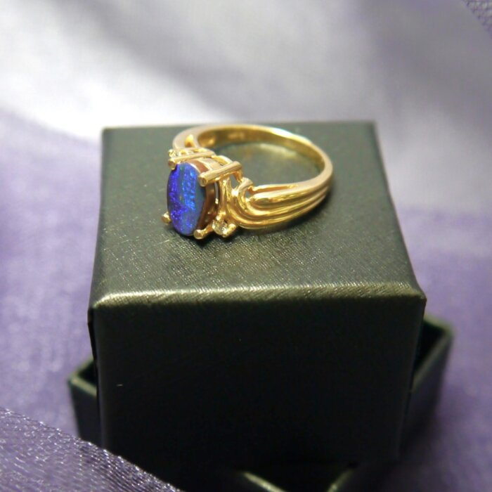Black Oval Opal & Diamond Ring in 14k Yellow Gold - Image 3