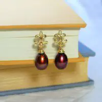 Chocolate Drop Pearl & Fleur De Lis Dangle Post Earrings in 14k Yellow Gold - Image 2