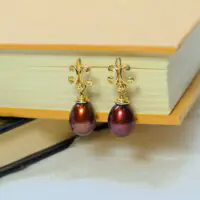 Chocolate Drop Pearl & Fleur De Lis Dangle Post Earrings in 14k Yellow Gold