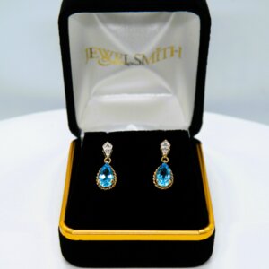Pear Shaped Blue Topaz & Diamond Drop Post Earrings in 10k Yellow & White Gold