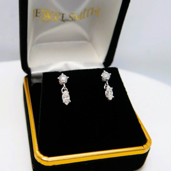 Round & Marquise Cut Diamond Dangle Drop Post Earring in 14k White Gold - Image 2