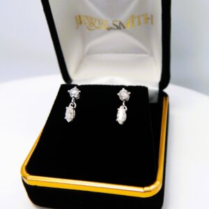Round & Marquise Cut Diamond Dangle Drop Post Earring in 14k White Gold