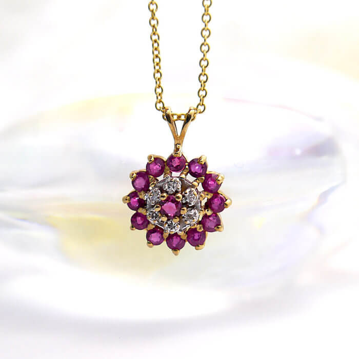 Ruby & Diamond Flower Cluster Pendant in 10k Yellow Gold