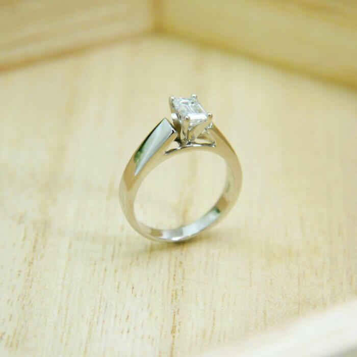 14k White Gold Emerald Cut Diamond Solitare Engagement Ring