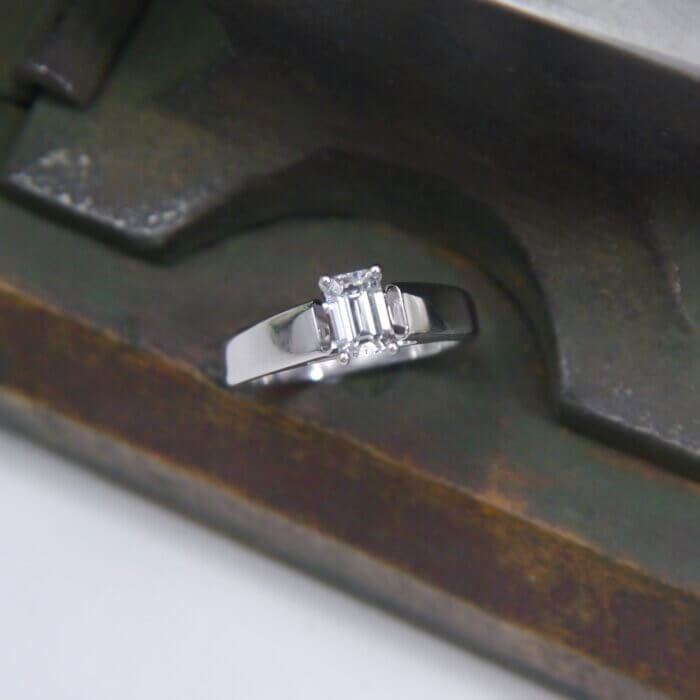 14k White Gold Emerald Cut Diamond Solitare Engagement Ring