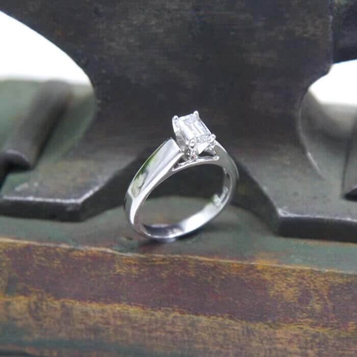 14k White Gold Emerald Cut Diamond Solitare Engagement Ring