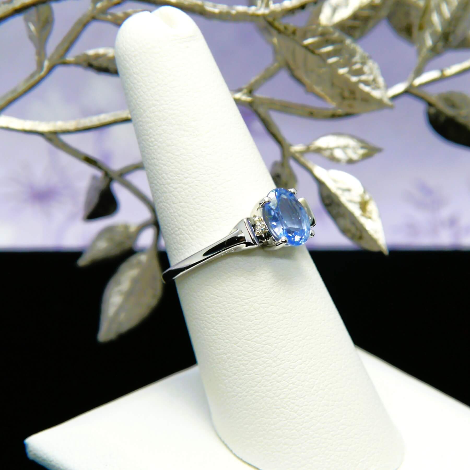 Oval Ceylon Sapphire and Diamond Ring in 14k White Gold